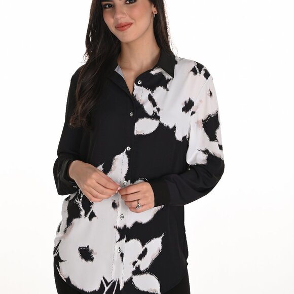 253814 Black Woven Button Up Blouse with Applique by FRANK LYMAN - Picture 1 of 1